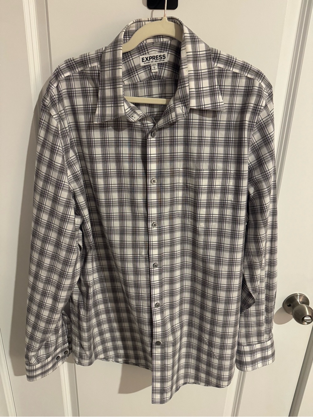 Express Men’s Dress Shirt Size Large 16-16.5 Plaid Long Sleeve Non Iron Cotton
